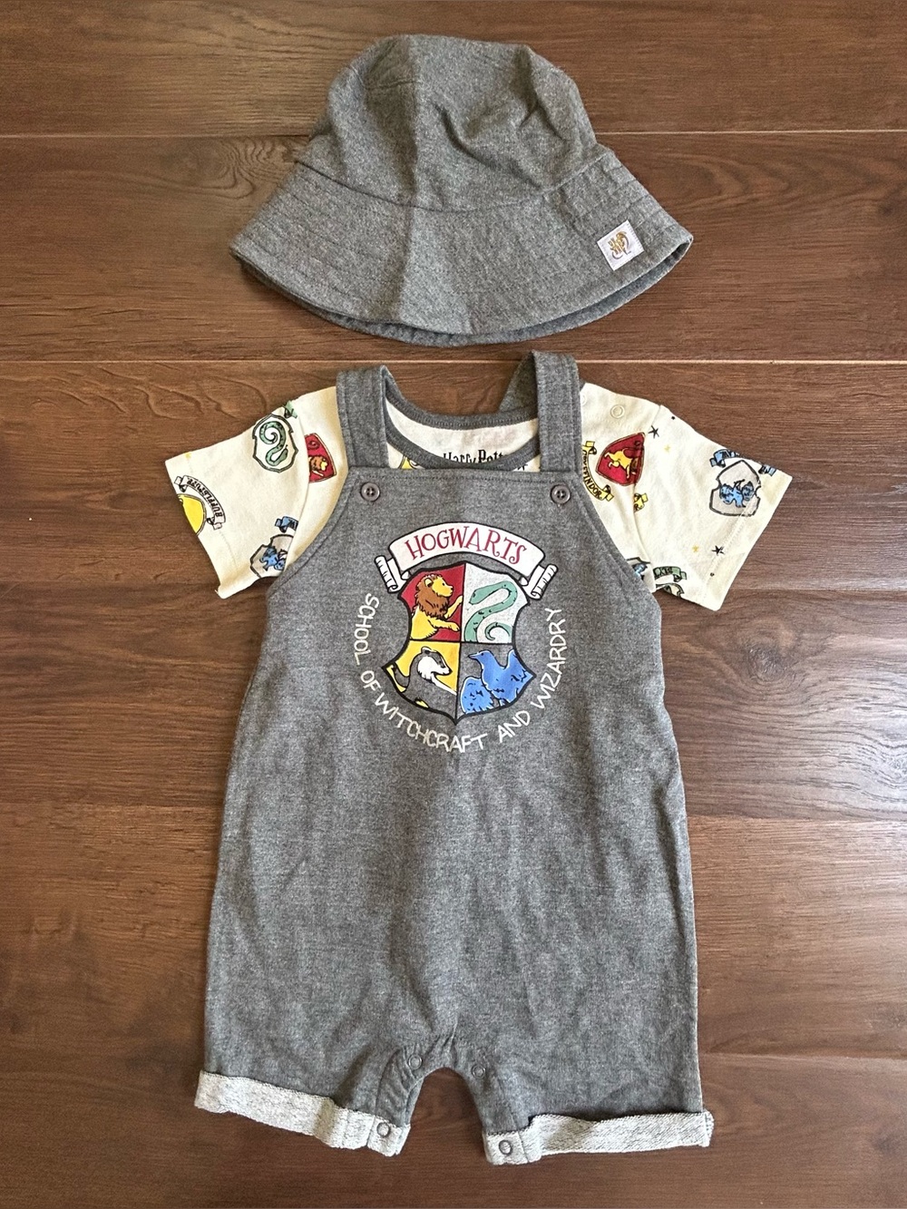 Harry Potter French Terry Short Overalls, T-Shirt, Hat Set 24m